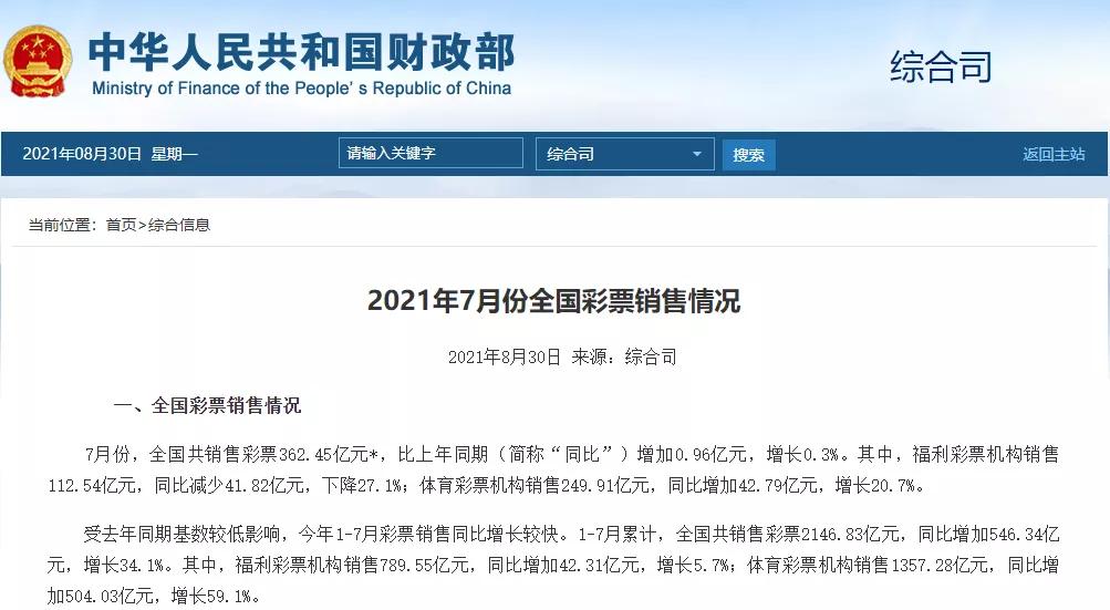 2021年7月份彩票销量,7月份全国彩票销售额