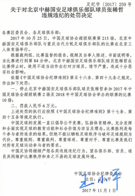足协对张稀哲处理结果如何解释,国安张稀哲李帅