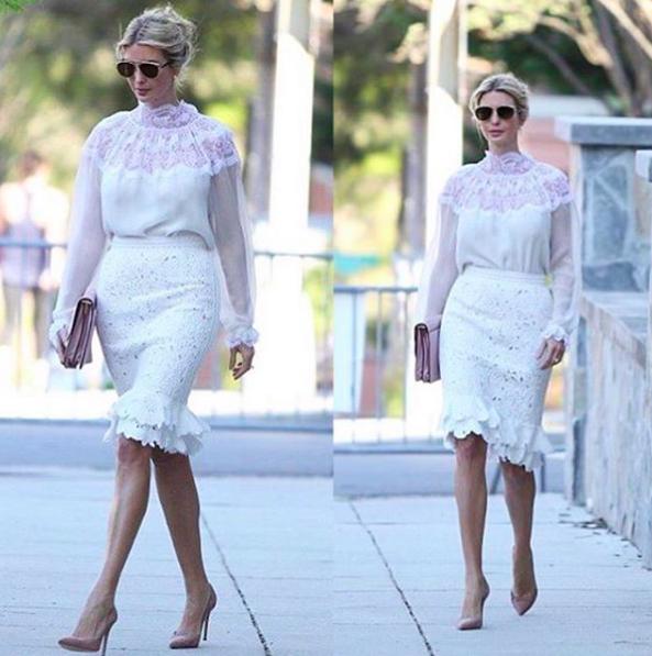 骨架大怎样穿白色裙装？伊凡卡给了最佳示范，全身白要搭一点金