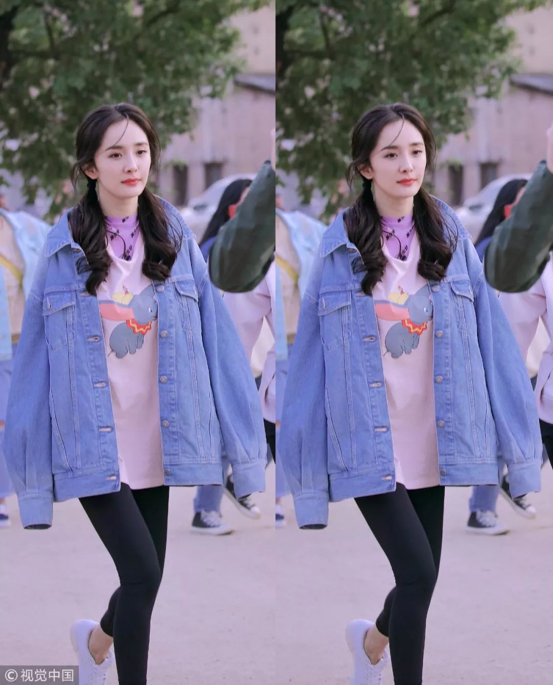 杨幂穿粉色卫衣配紧身运动裤,杨幂穿白色紧身裤穿搭