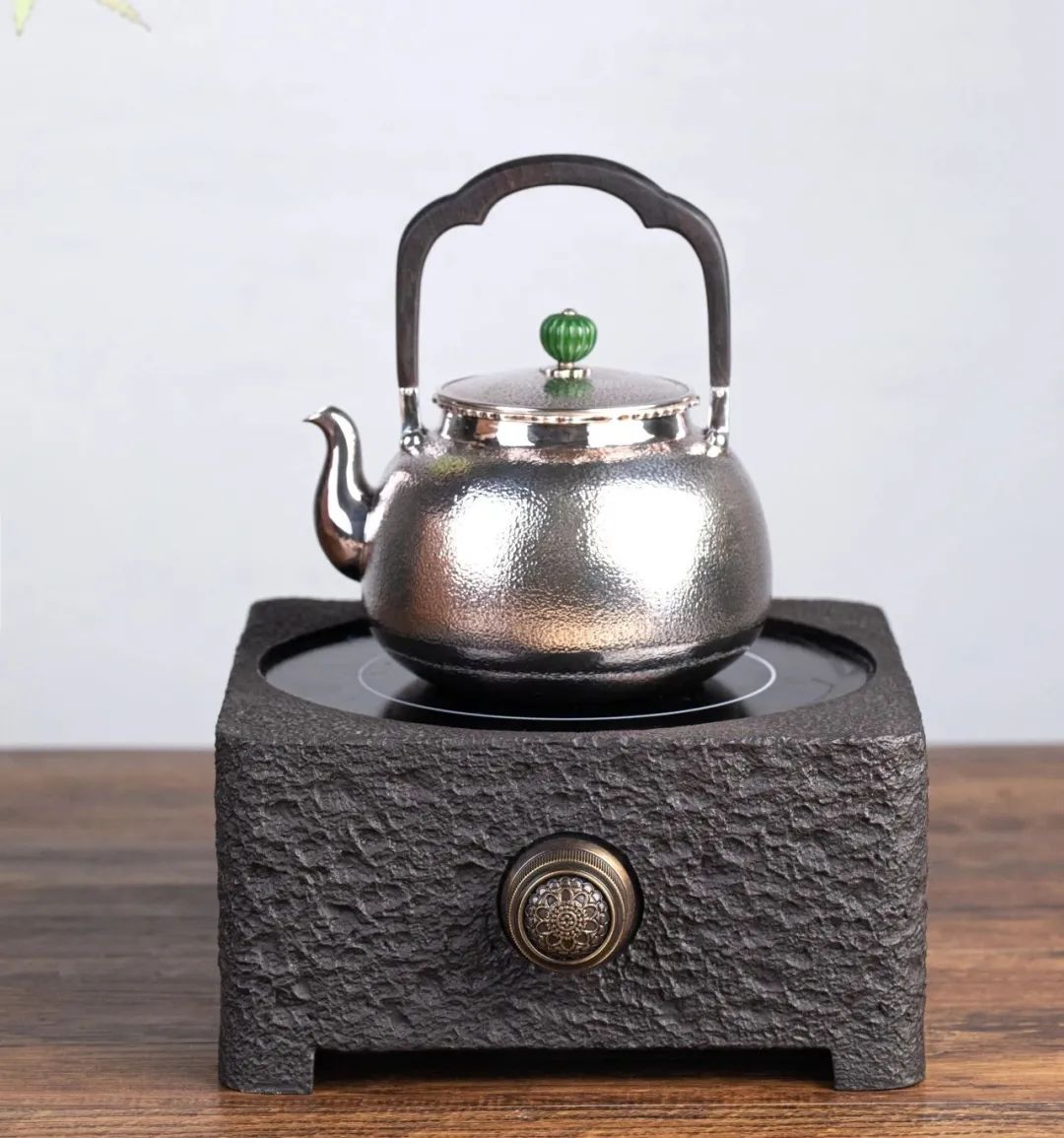 纯银嵌金荷花银壶纯手工泡茶银壶,纯银复古银壶