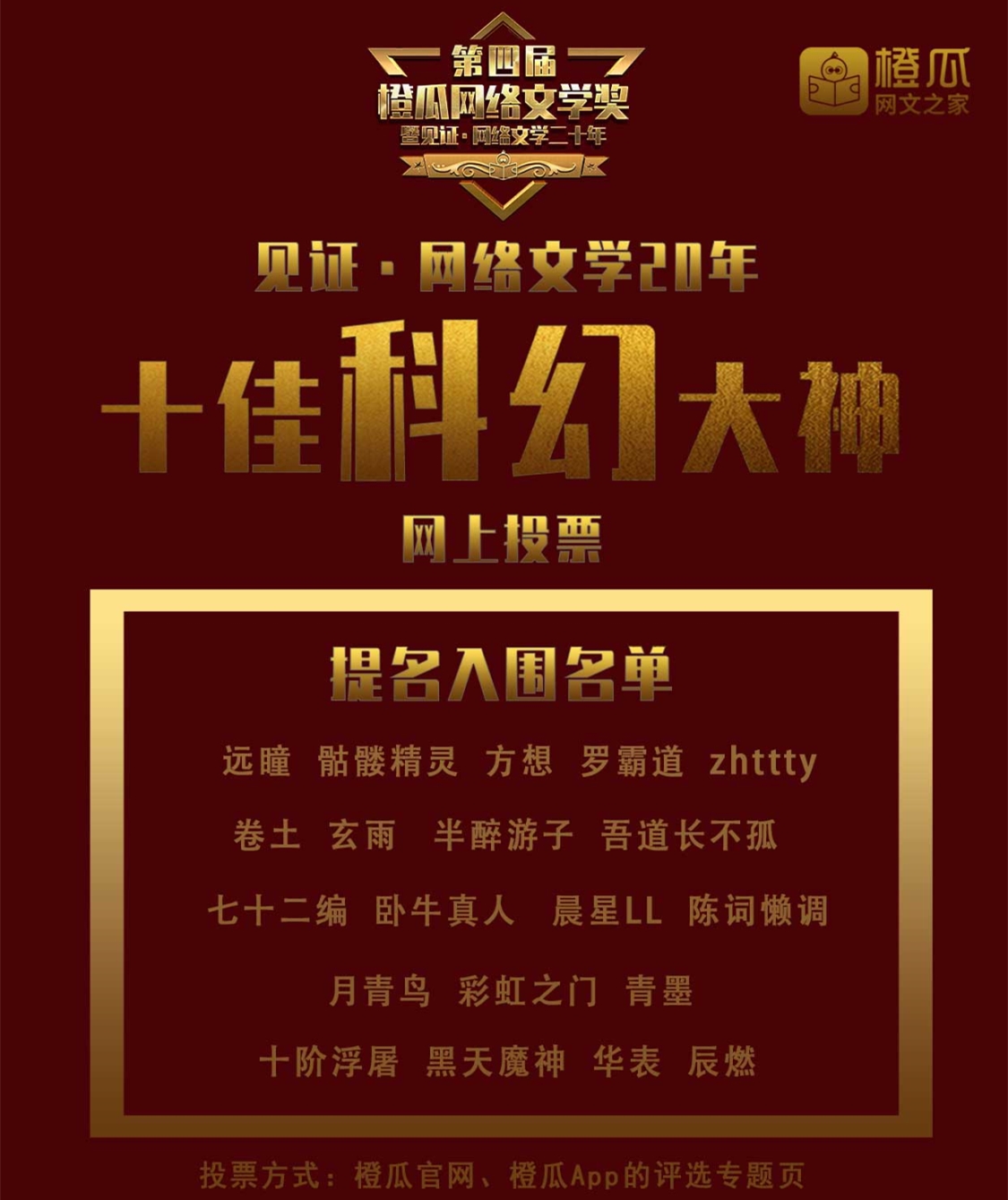 卷土、玄雨入围第四届橙瓜网络文学奖十佳科幻大神，方想暂排第一