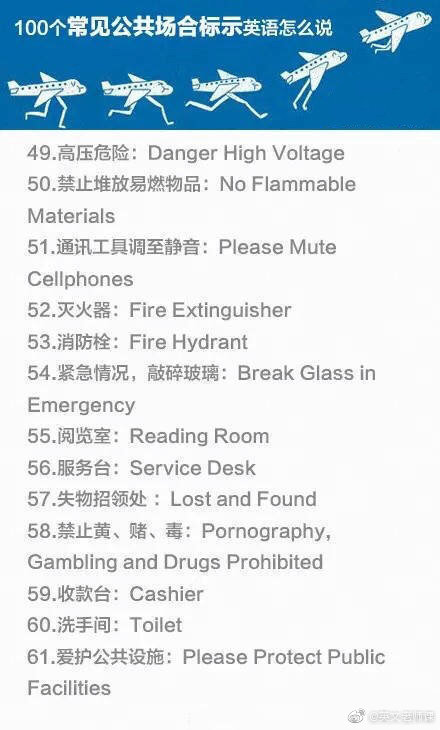 100个常见公共场所的英语标示，拿走不谢
