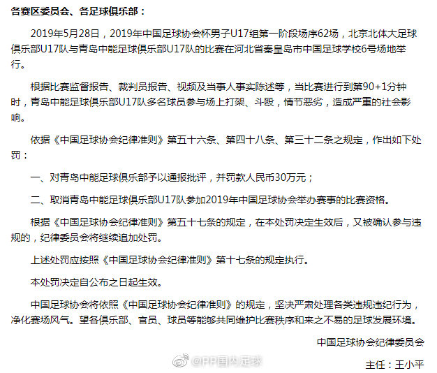 中国足协对亚足联处罚,中国足协对亚冠的处罚