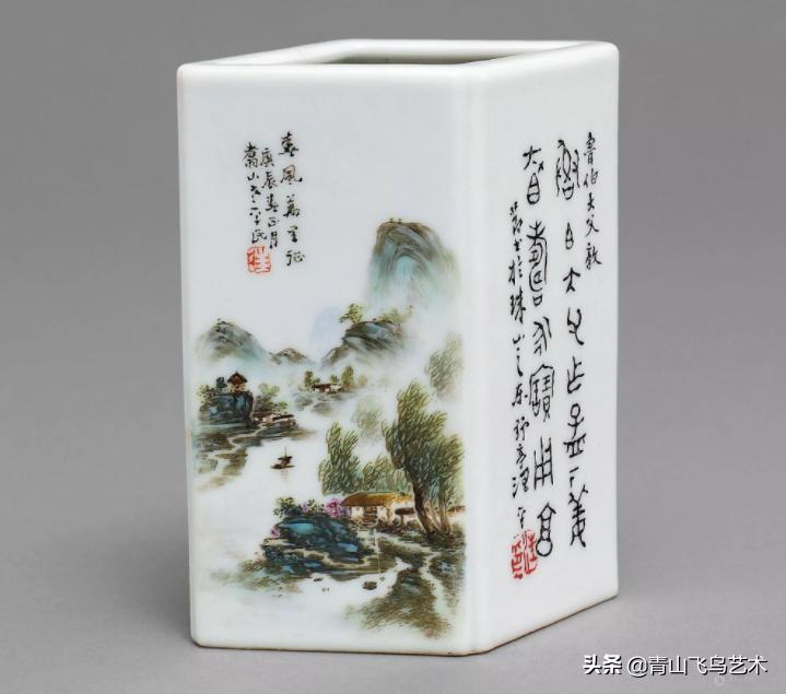 清代晚期青花八仙笔筒真品图大全,粉彩山水民居笔筒赏析