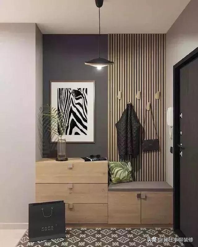 玄关用格栅和木饰面搭配效果图,木格栅玄关用什么点缀