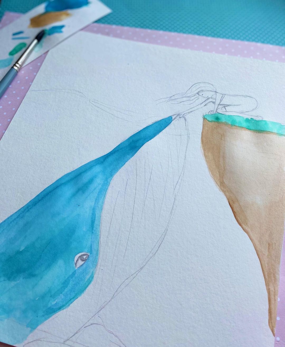 水彩画初学者鲸鱼云朵风景画,落日鲸鱼水彩画图片大全