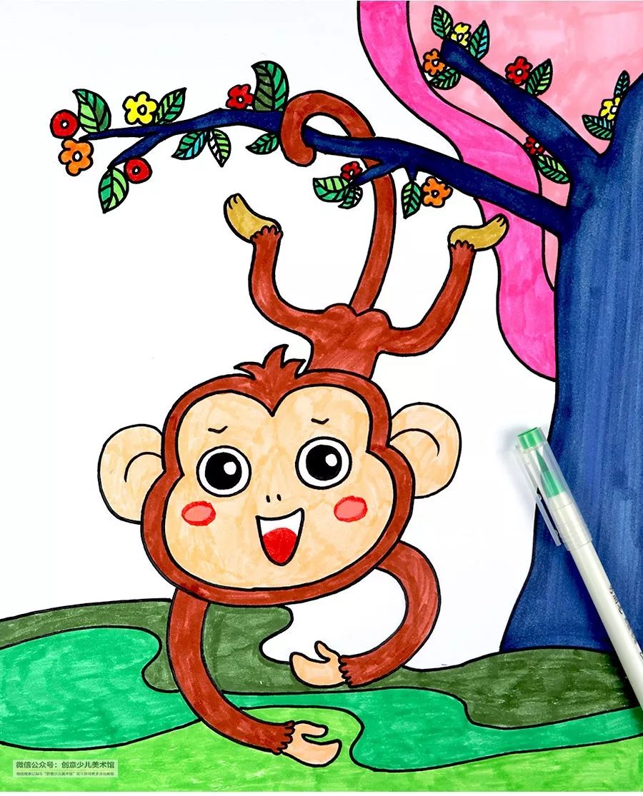 儿童画森林中的大树和猴子,儿童画森林里面的小动物