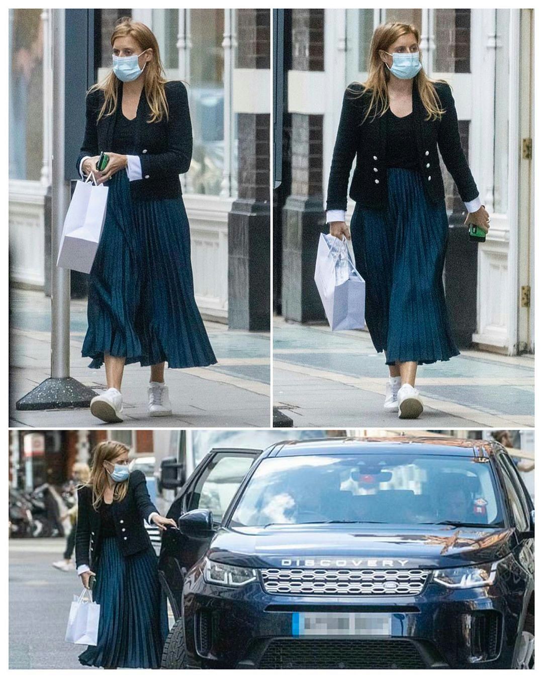 碧翠丝公主外出购物衣品见长,黑西装很有型,借百褶裙巧妙遮孕肚