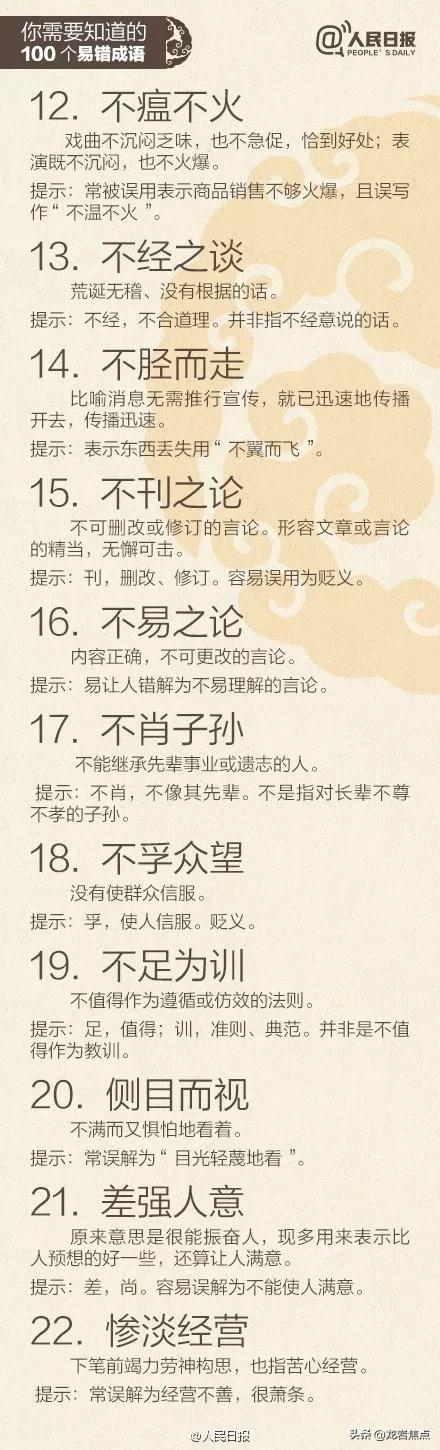 人民日报总结出的100个易错成语,中国100个易错成语