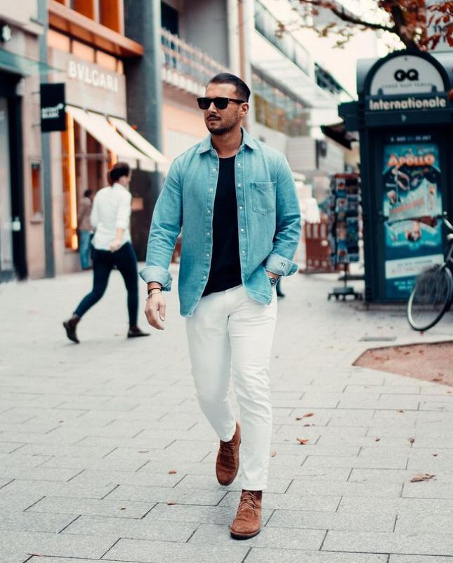 男白色衬衫搭配印花牛仔裤合适吗,男生黑色衬衫配什么颜色的牛仔裤