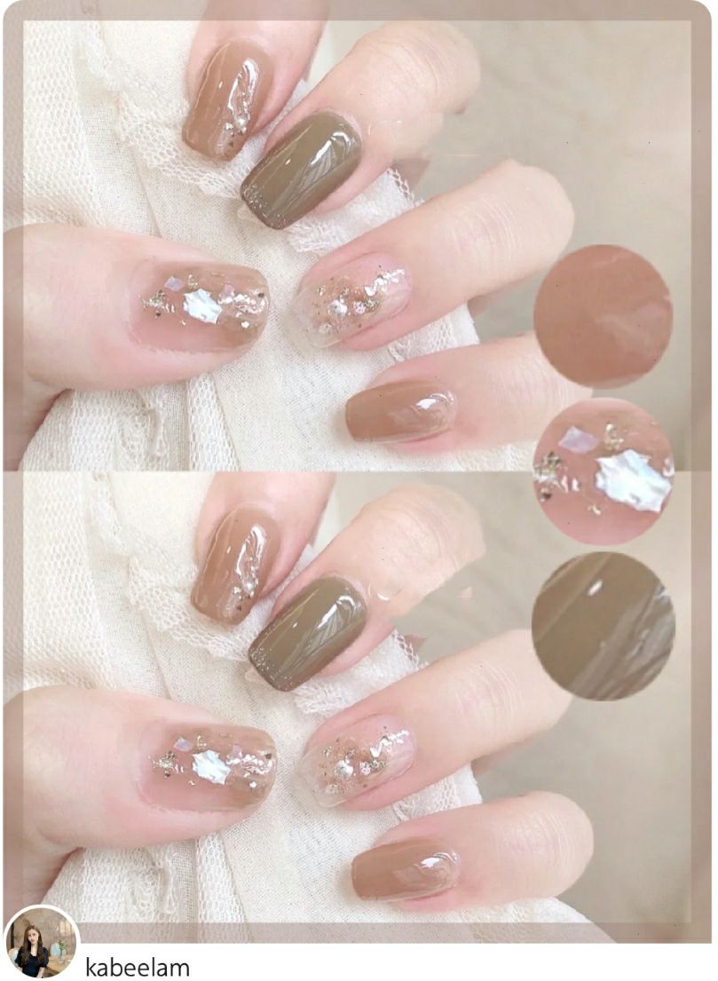 简单的透明奶茶美甲,果汁泡泡美甲