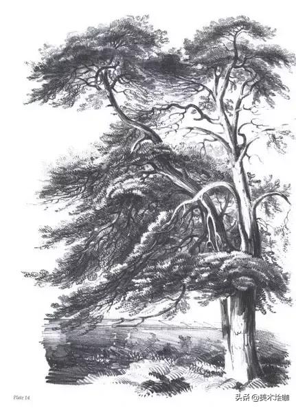 素描风景临摹高清大图简单范本,有山有水有倒影的素描风景图