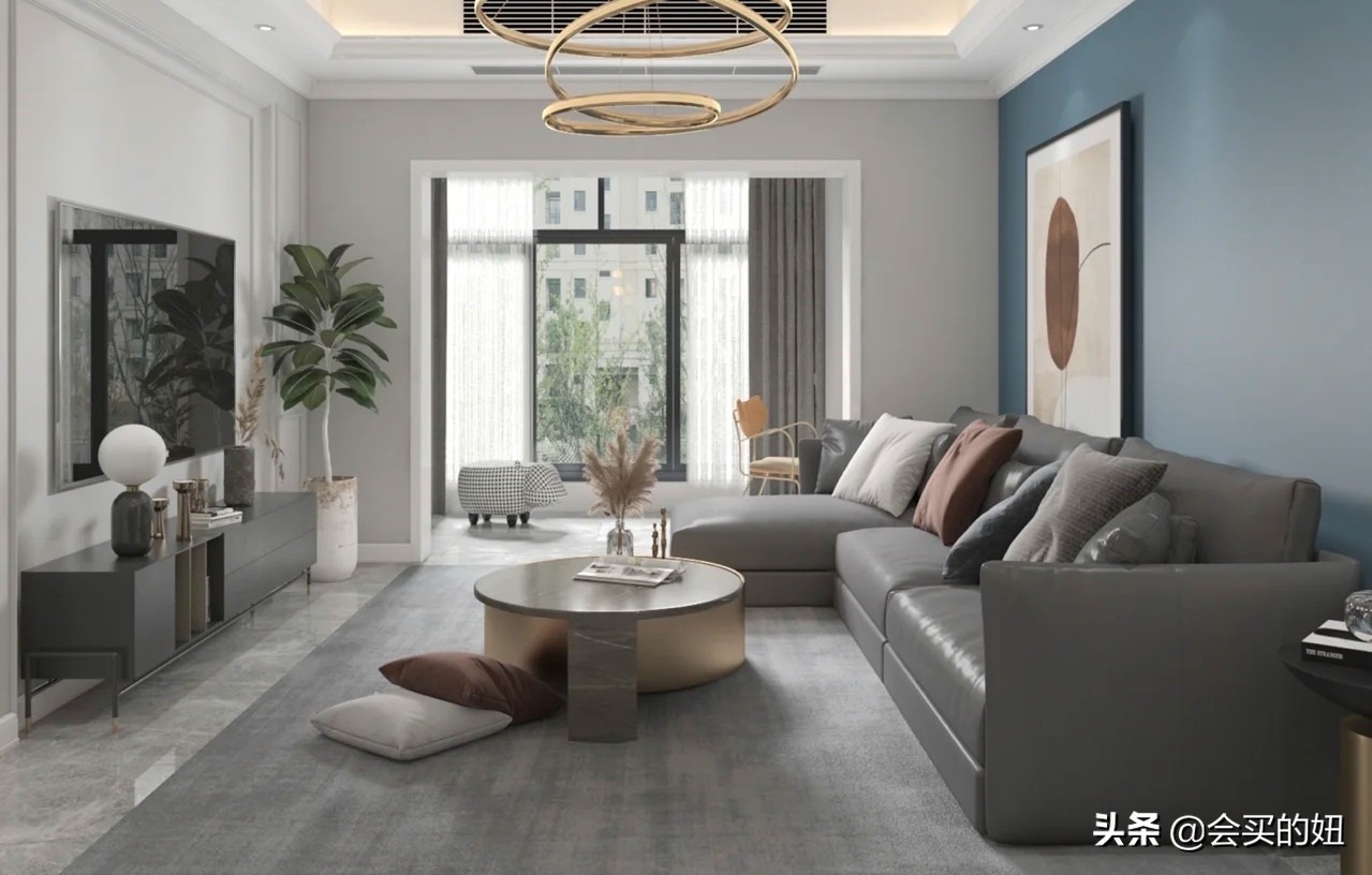 黑白灰现代简约风格客厅沙发颜色,墙漆是蓝色选什么颜色的皮质沙发