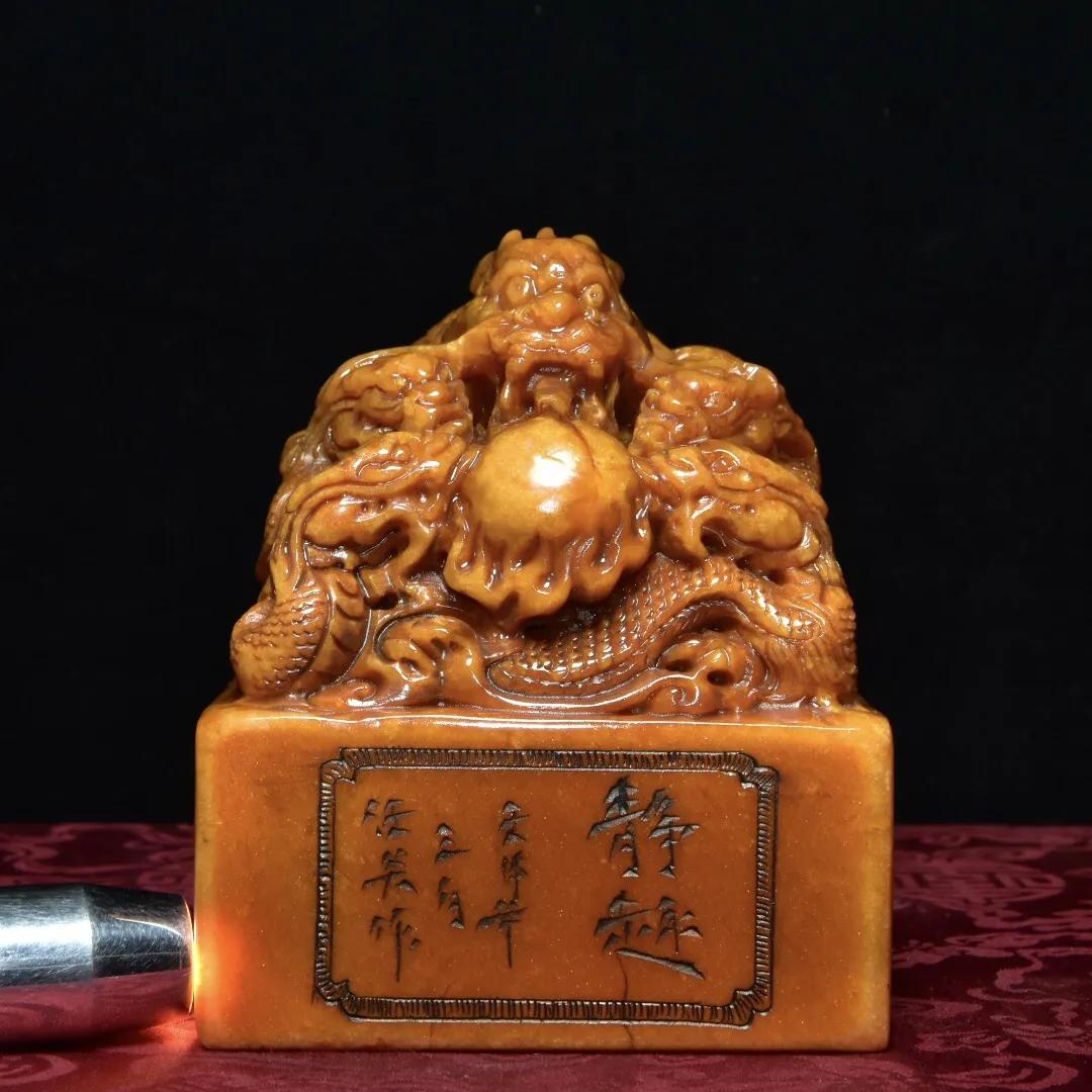 清代寿山石芙蓉冻田黄印章,回流老寿山田黄石雕龙凤呈祥砚台