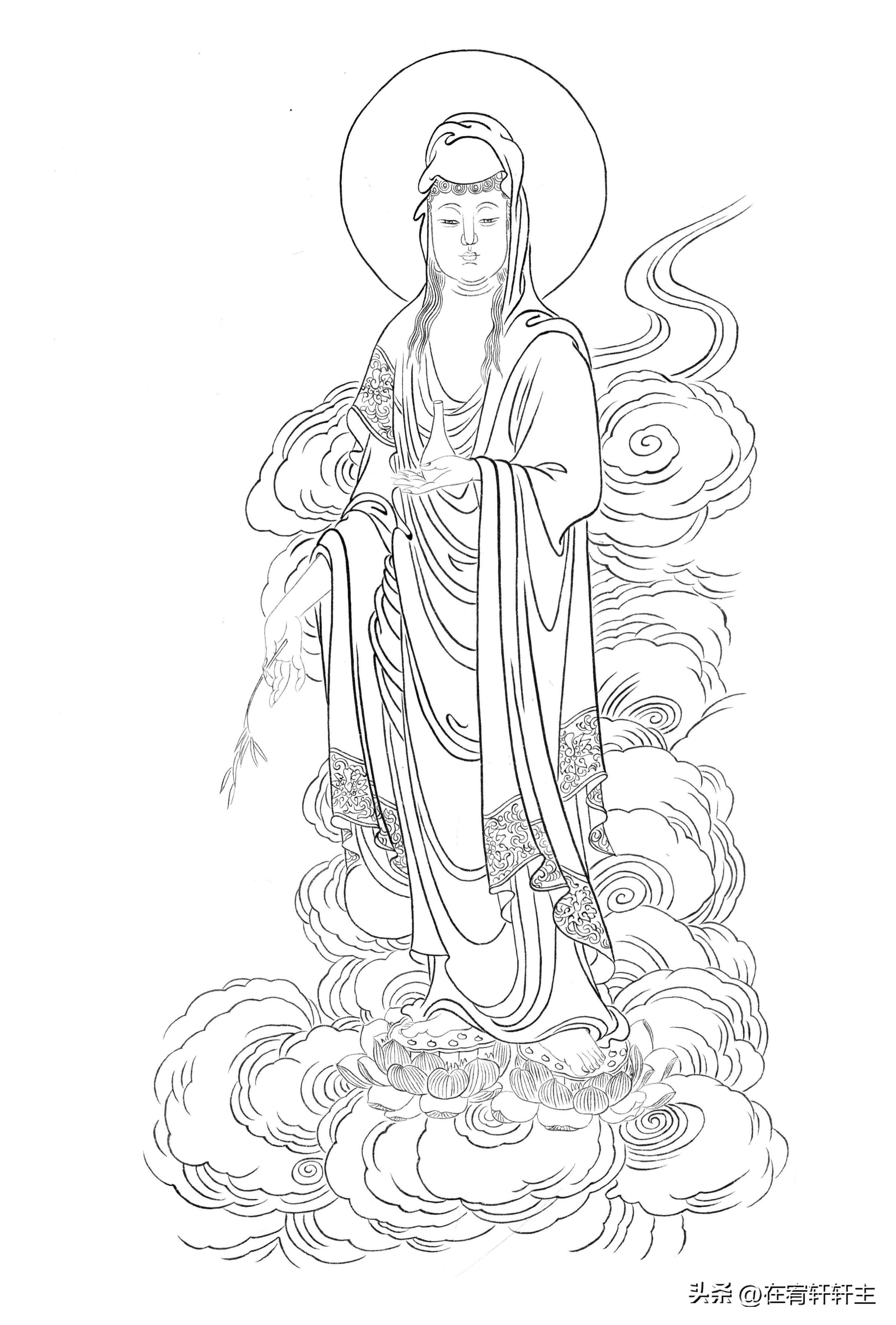 工笔白描观音苏柏斗,工笔画国画白描观音