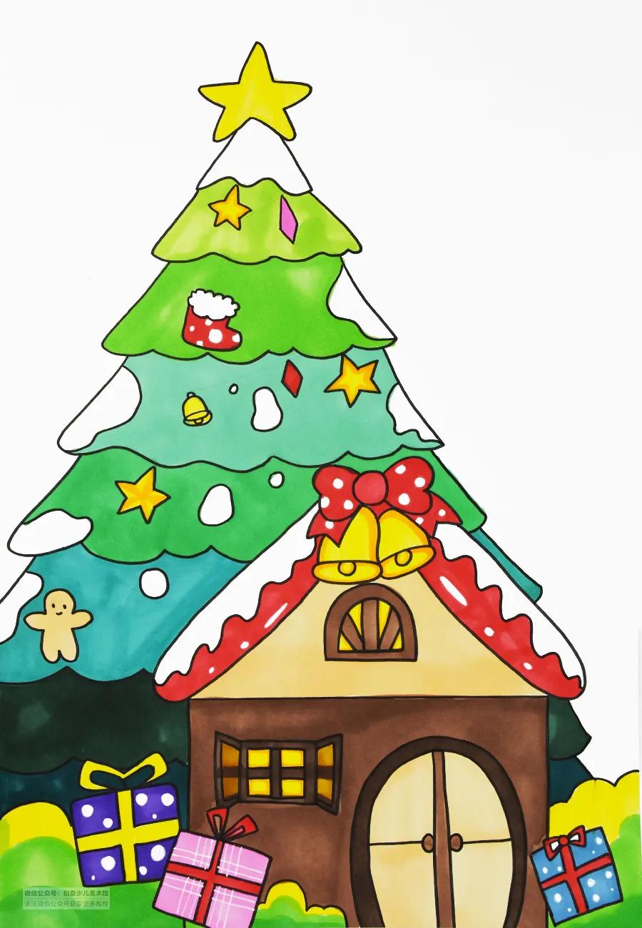 儿童画教程｜圣诞节主题美术课程《美丽的圣诞小屋》