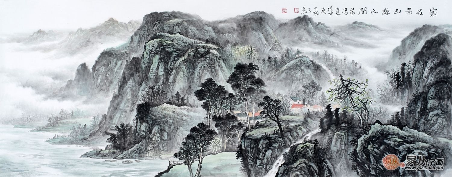 客厅沙发墙挂画山水画,沙发背景墙写意山水画图片