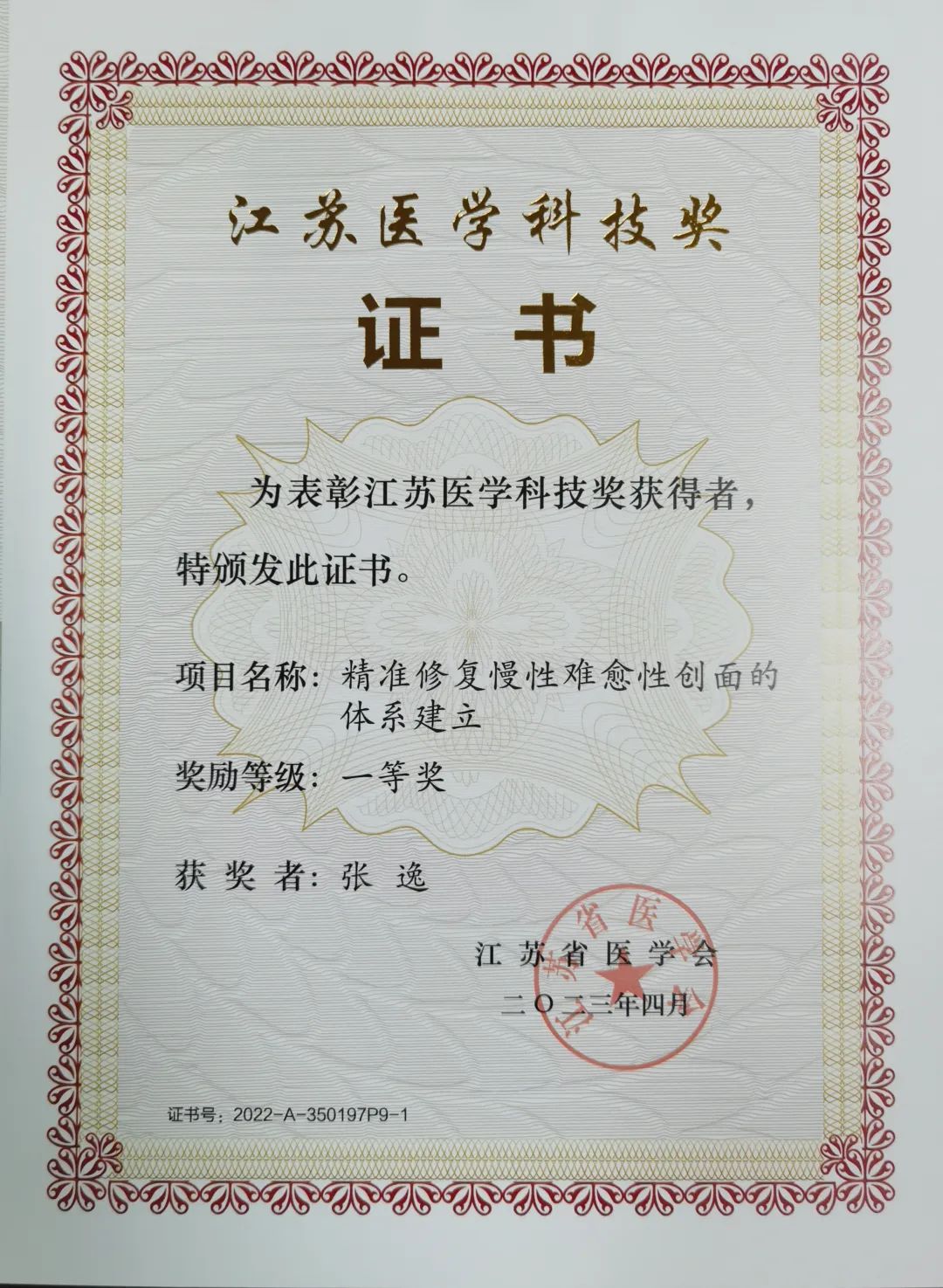 建立修复慢性难愈性创面体系张逸教授荣获江苏医学科技奖一等奖