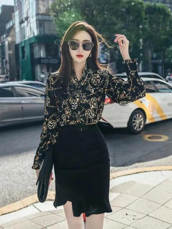 女式豹纹长袖衬衫雪纺时尚上衣,豹纹衬衫长袖雪纺女款2022款时尚