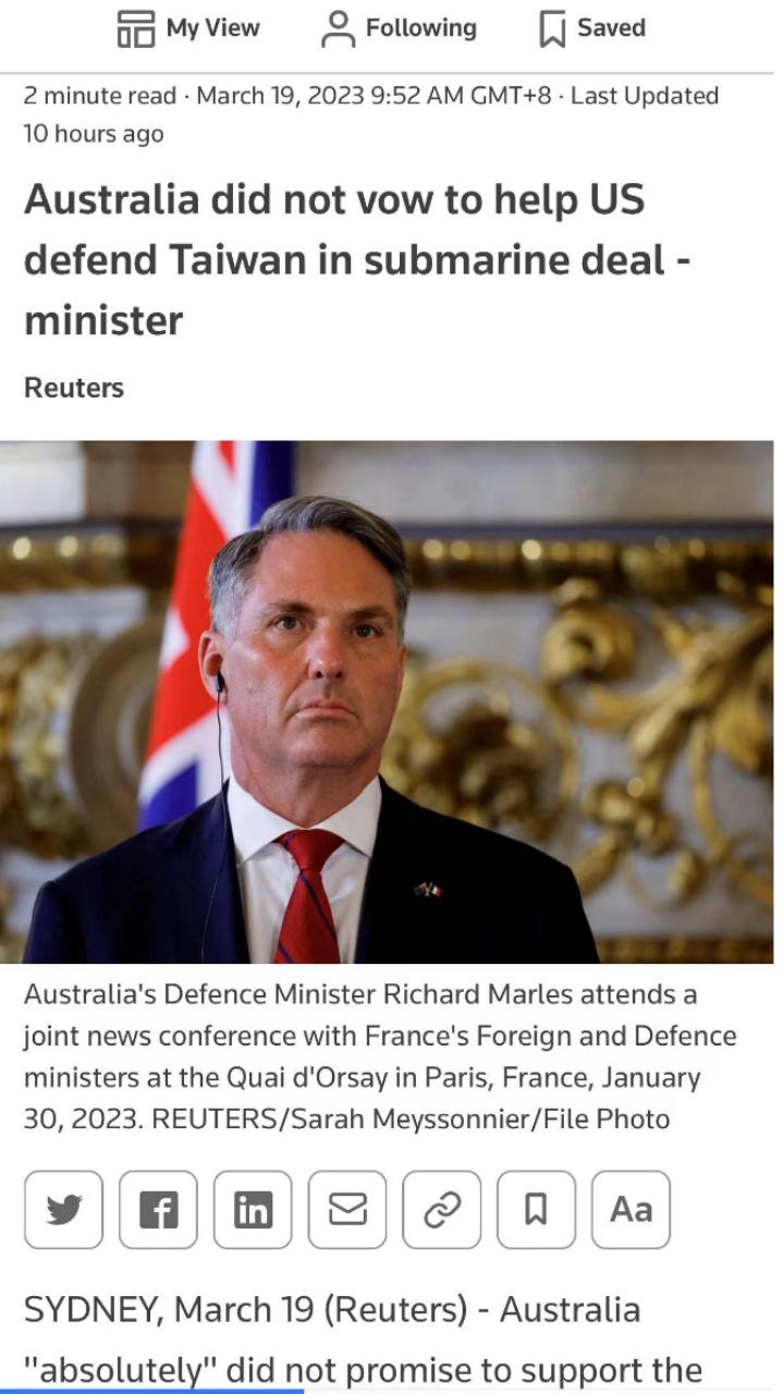 意外？澳防长：「绝对没有」因核潜艇交易「助美卫台」