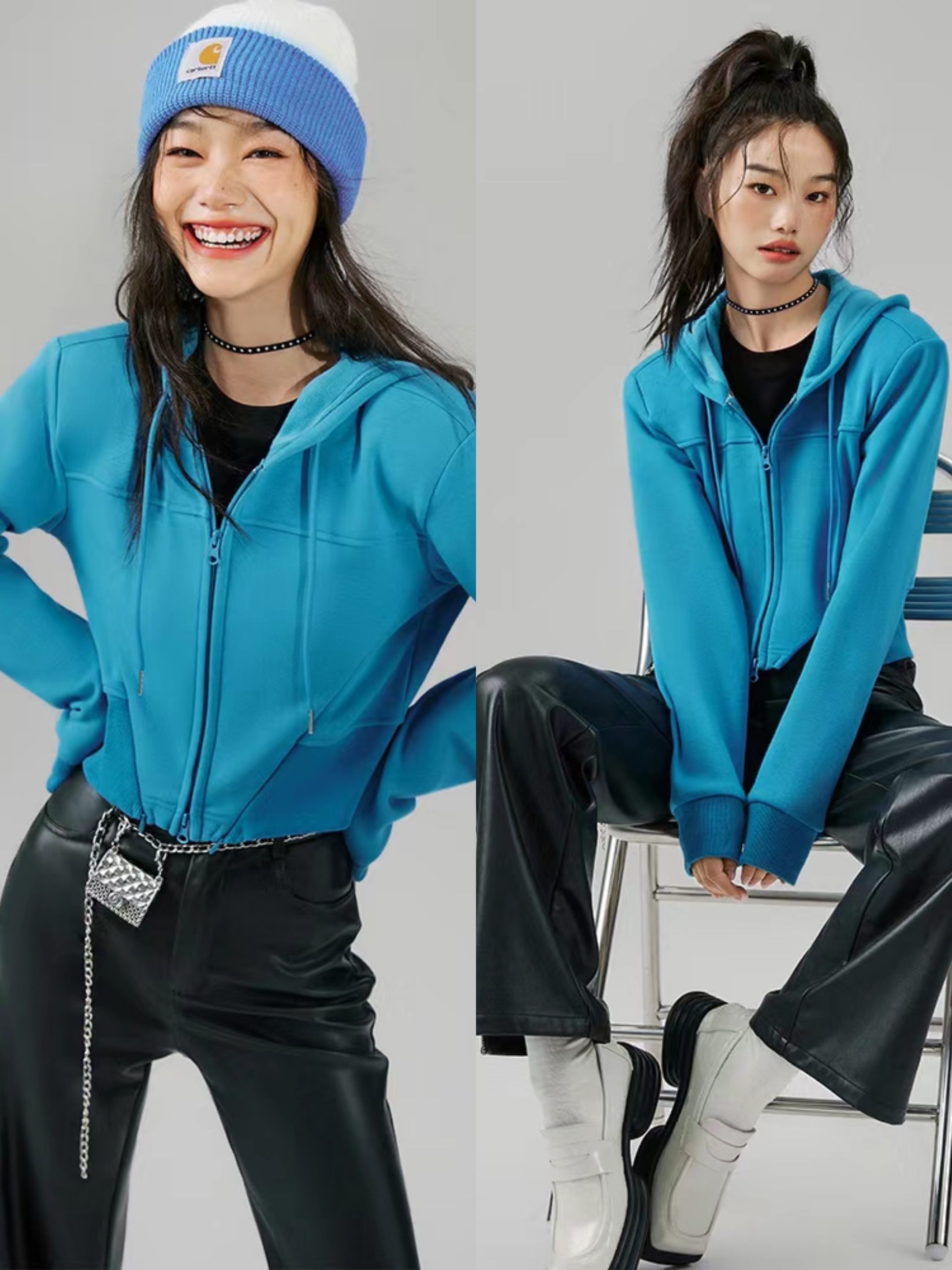 连帽开衫秋冬穿搭,女士高档羊毛短款连帽开衫