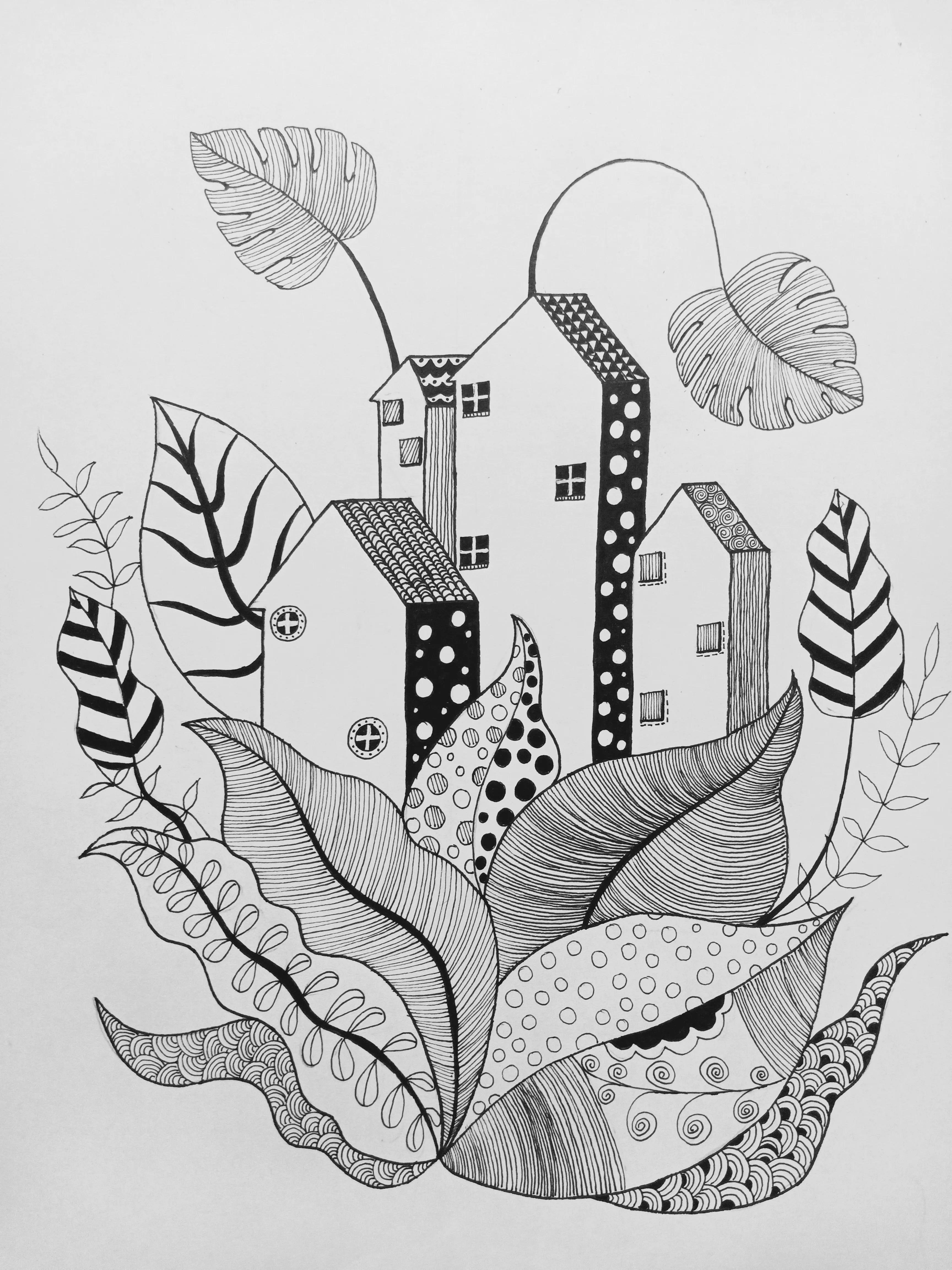 简笔画小楼的画法,朝露繁花简单绘画过程