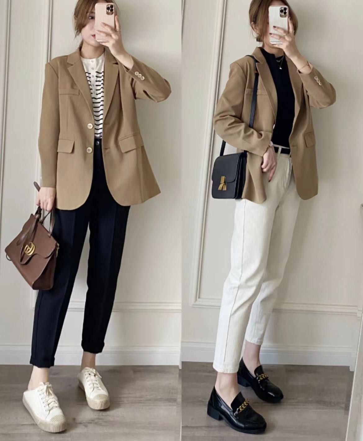 职场浅咖色小西装外套怎么搭鞋子,杏色中长款小西装如何穿搭