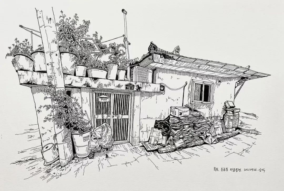 日本画家创作的铅笔街景速写,韩国速写大师