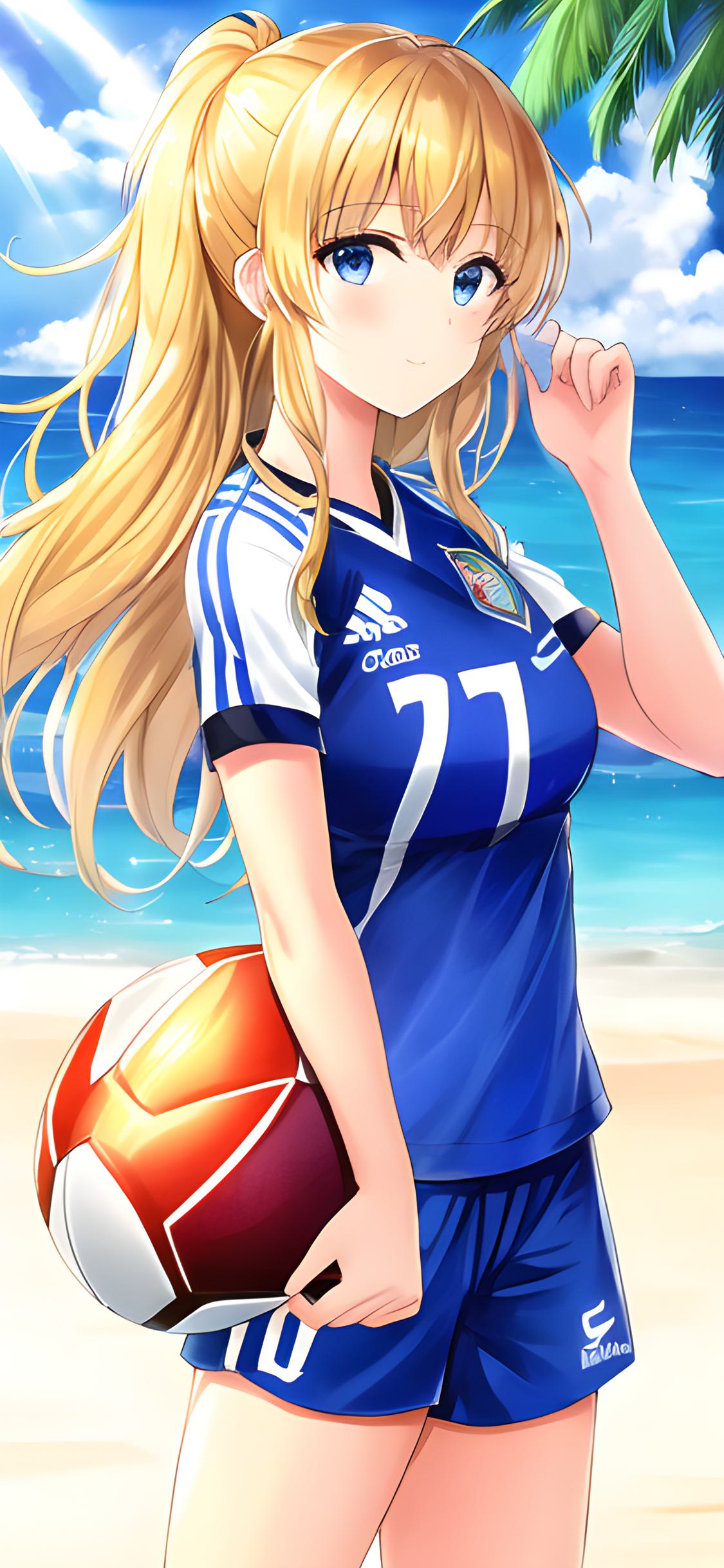 二次元美少女壁纸足球,ai绘画壁纸沙滩