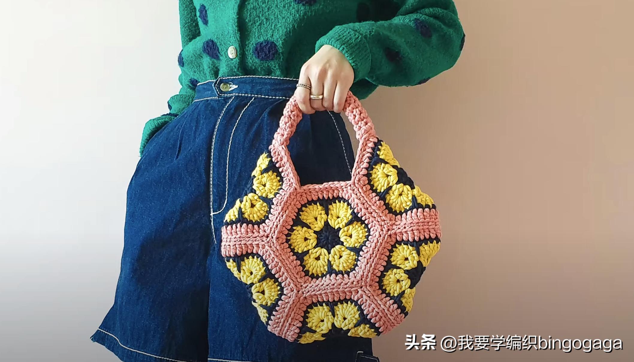 祖母方格小包包拼接编织教程,方形镂空小花包编织教程