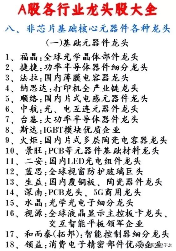 2019年各细分行业龙头股一览表,2023年各行业龙头股清单
