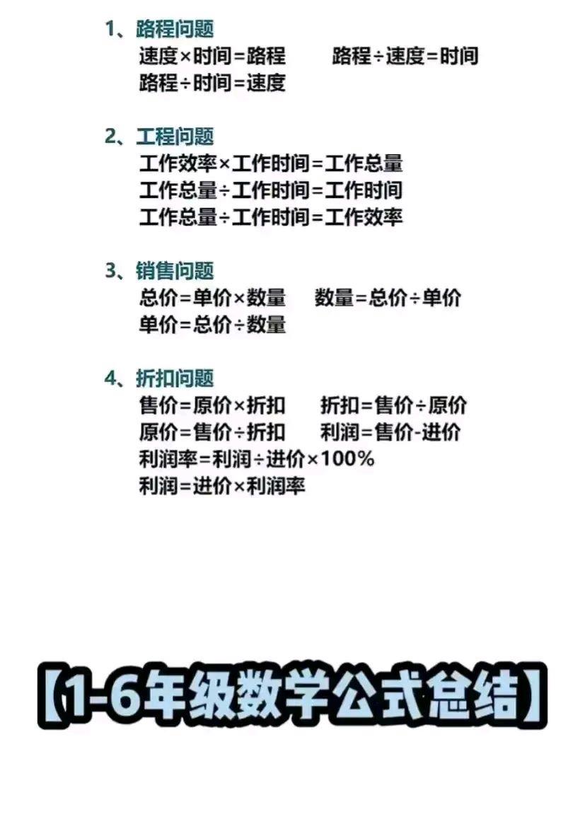 小学1-6年级数学万能公式表,小学生1-6年级数学必背公式大全