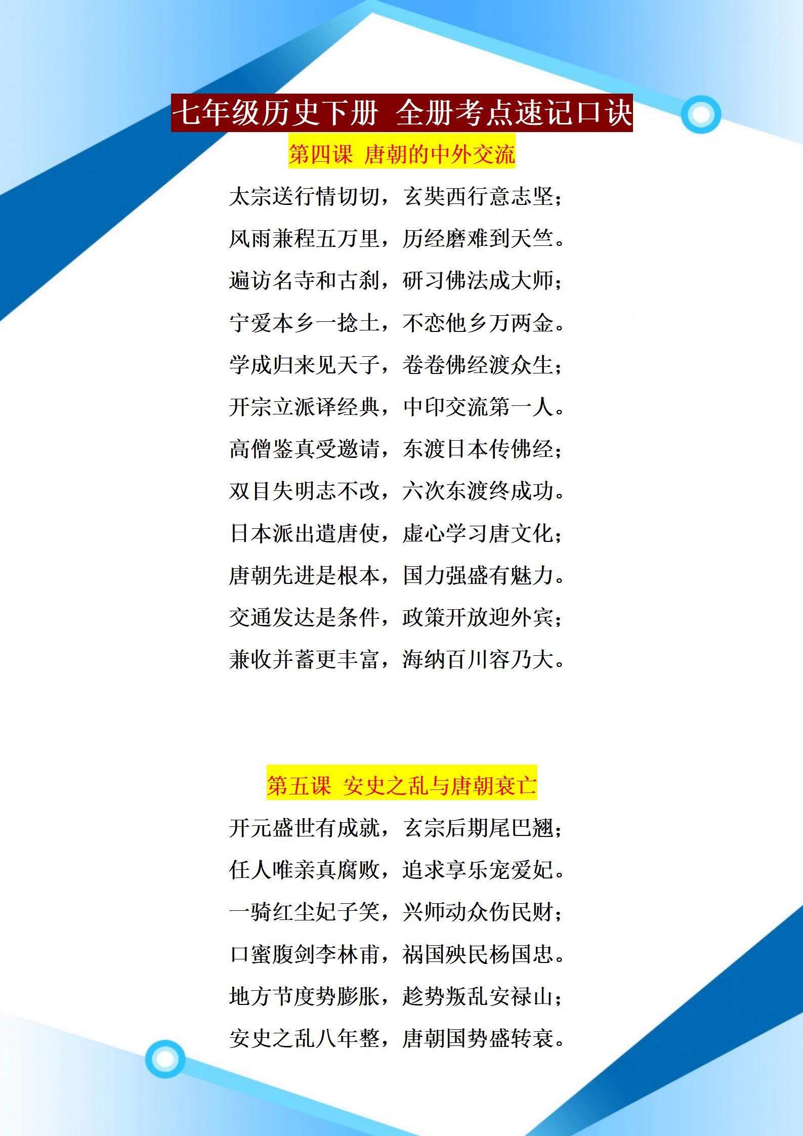 历史七年级下册知识点速记,七年级历史必背知识点口诀