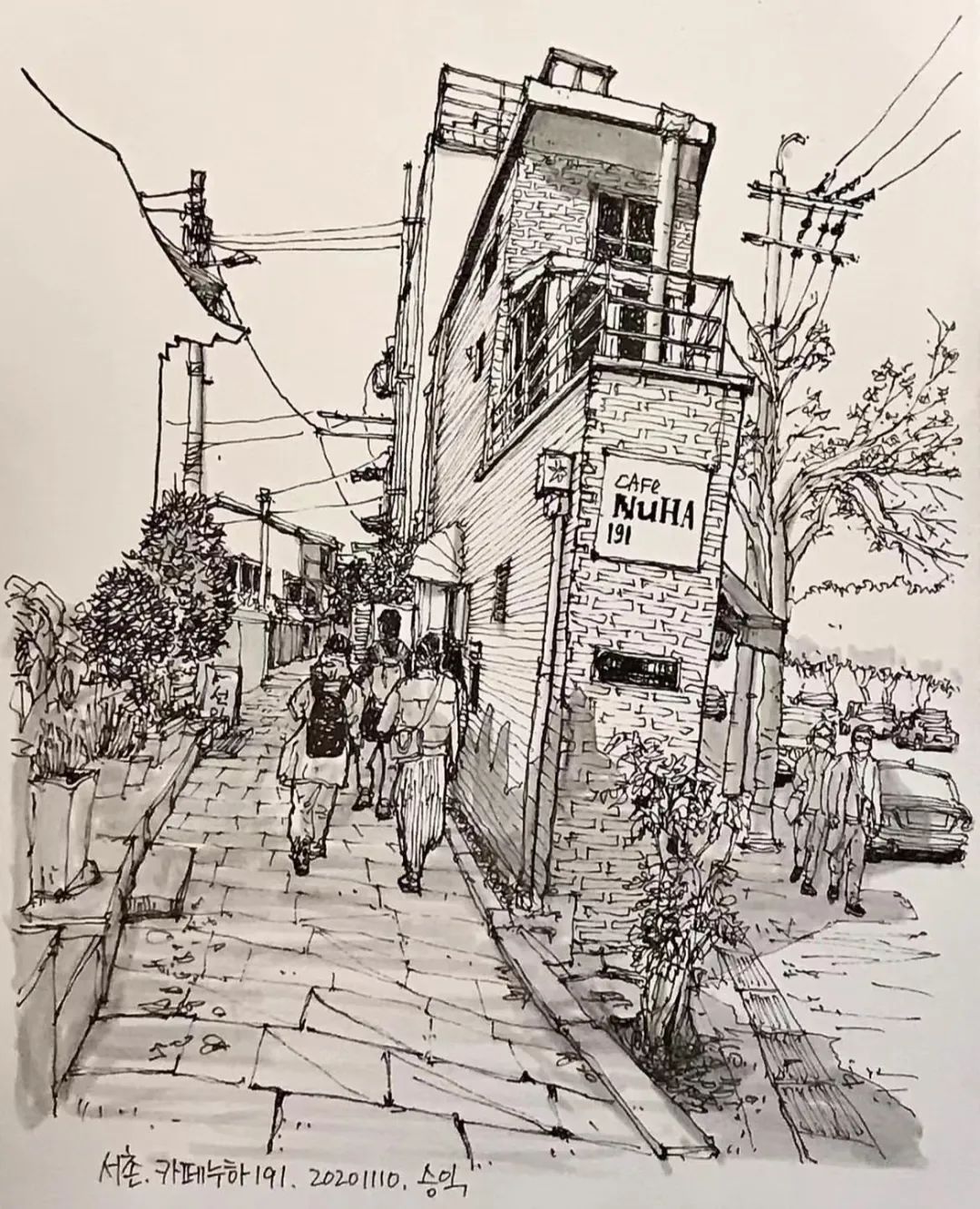 日本画家创作的铅笔街景速写,韩国速写大师