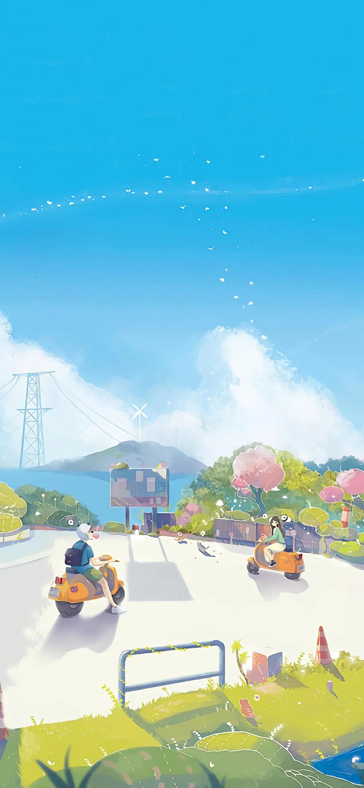 萌图100张可爱壁纸,春日海边小镇壁纸插画