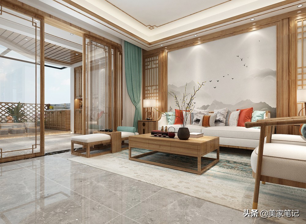 别墅新中式原木色禅意茶室背景,新中式原木色禅意风格装修效果图