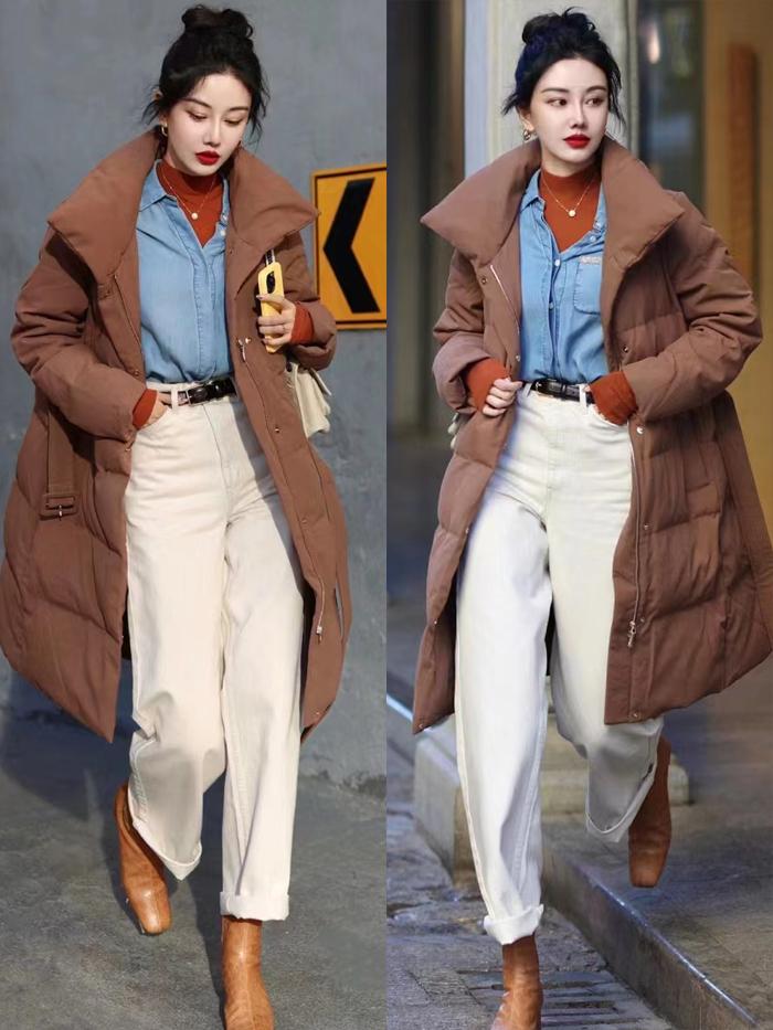 羽绒服冬季显小减龄穿搭,长款黄羽绒服高级感穿搭攻略