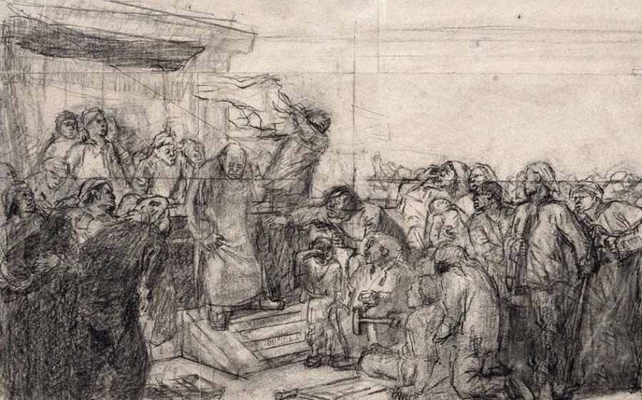 我国现代画家王式廓的油画素描稿,王式廓井冈山会师油画创作背景