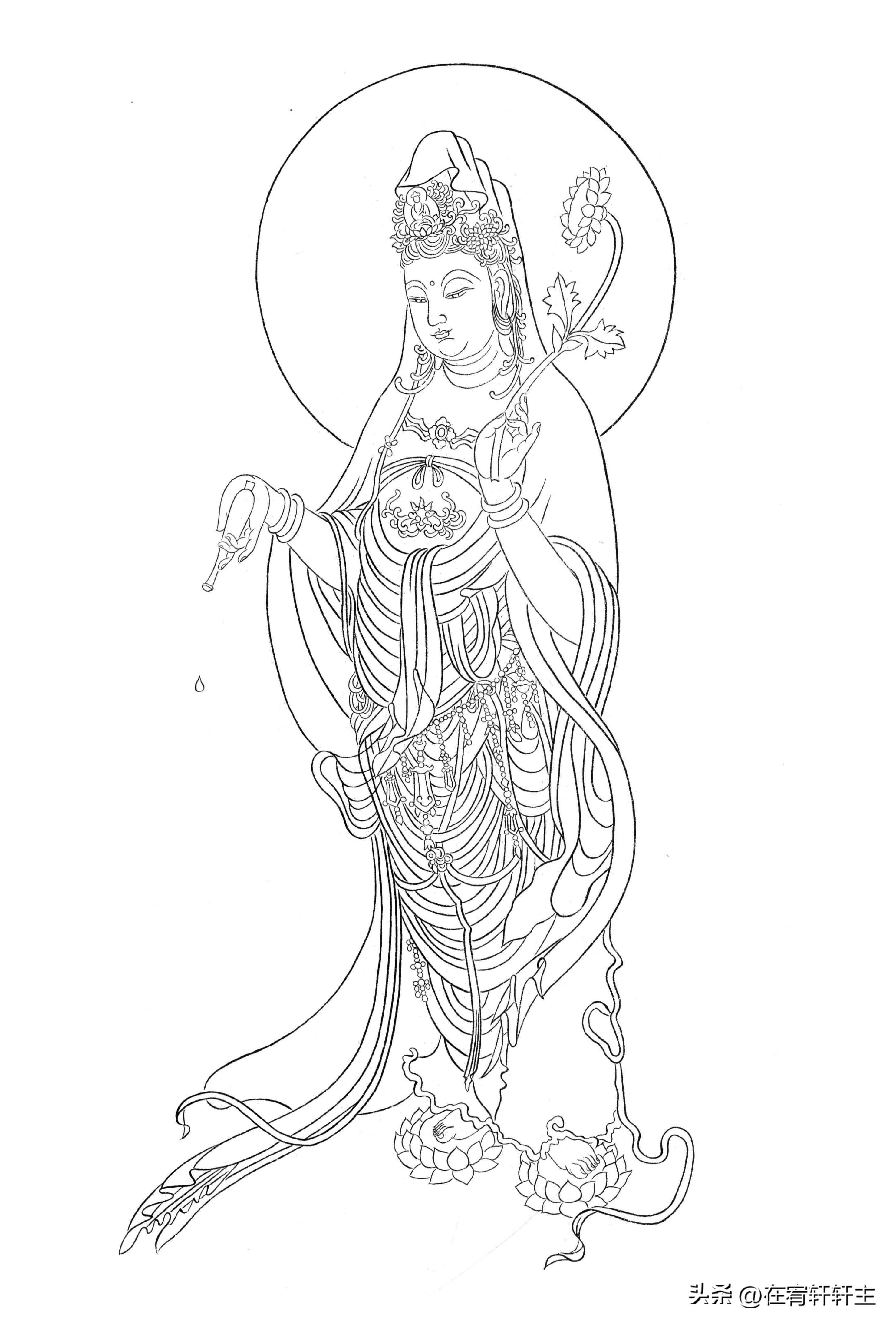 工笔白描观音苏柏斗,工笔画国画白描观音