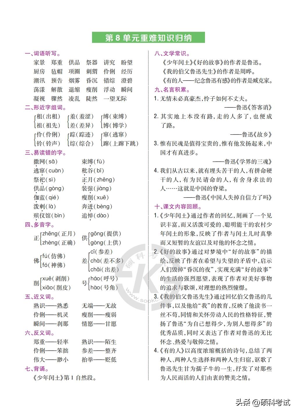 六年级语文上册重点高频考点梳理,语文书六年级一二单元复习知识点
