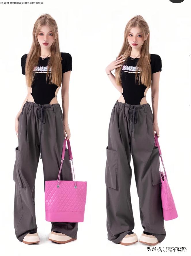 今年特流行工装裤时尚百搭又有型,工装裤女卡其色搭配红色平底鞋