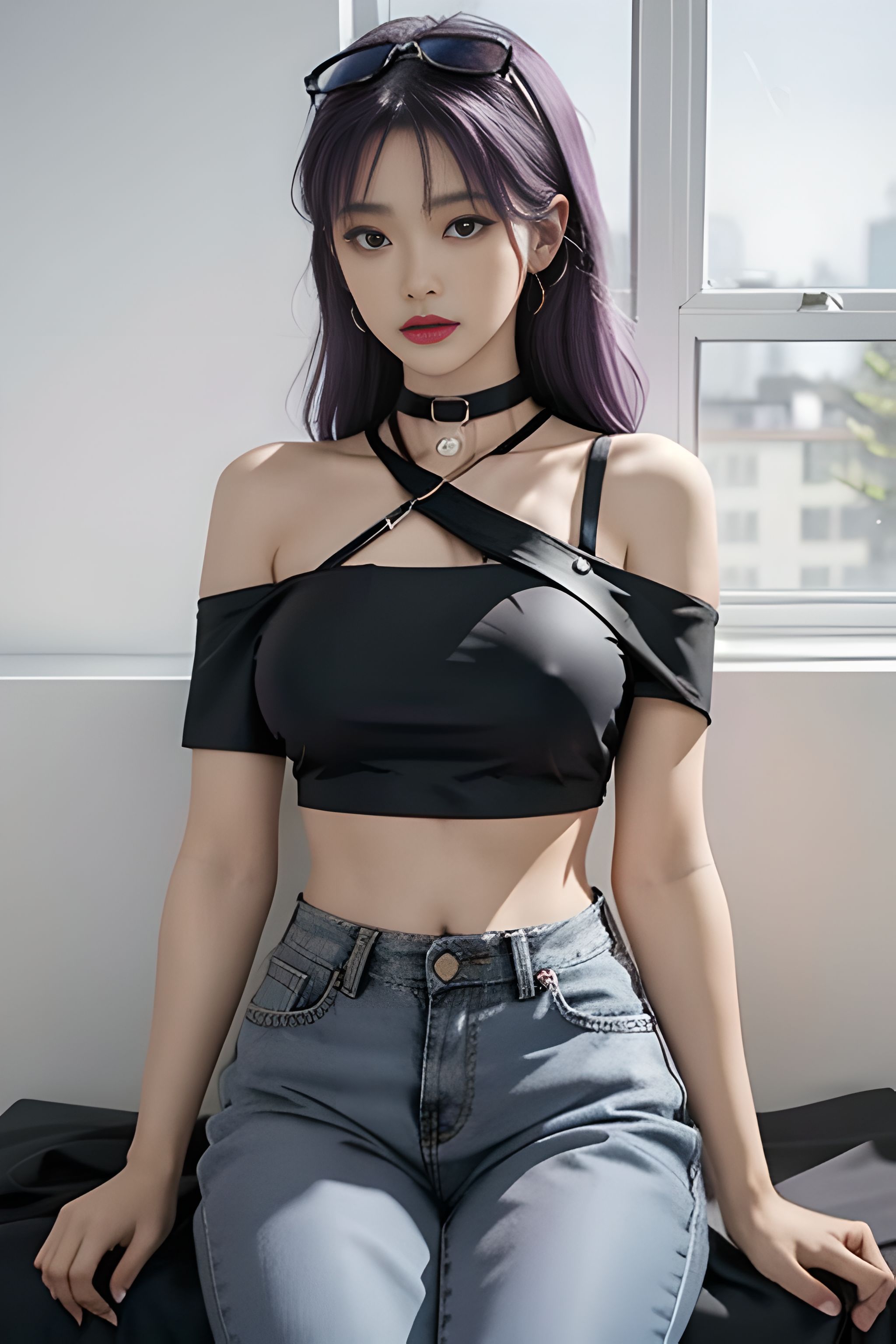 吊带上衣和紧身裤子拉丁舞服,黑色吊带背心蓝色紧身裤