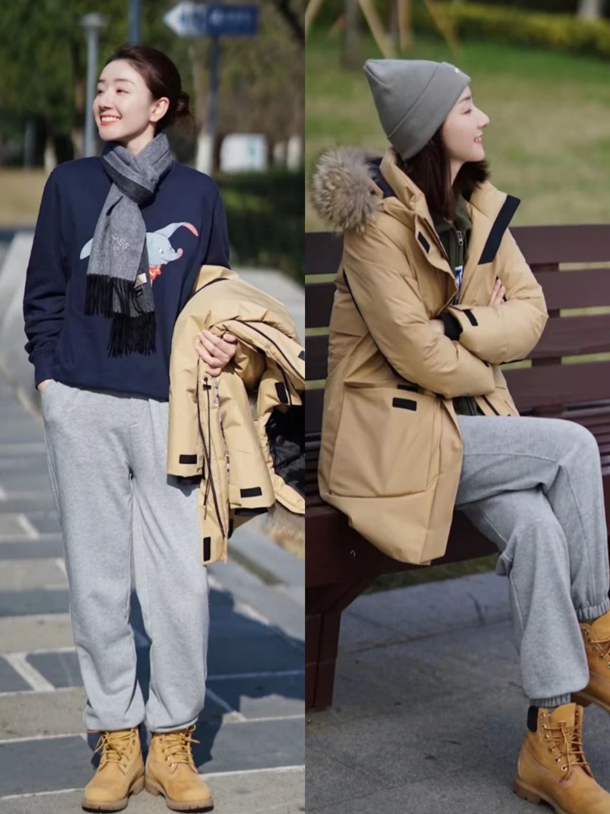 白色羽绒服配大黄靴马丁靴,今年流行的羽绒服配长筒靴