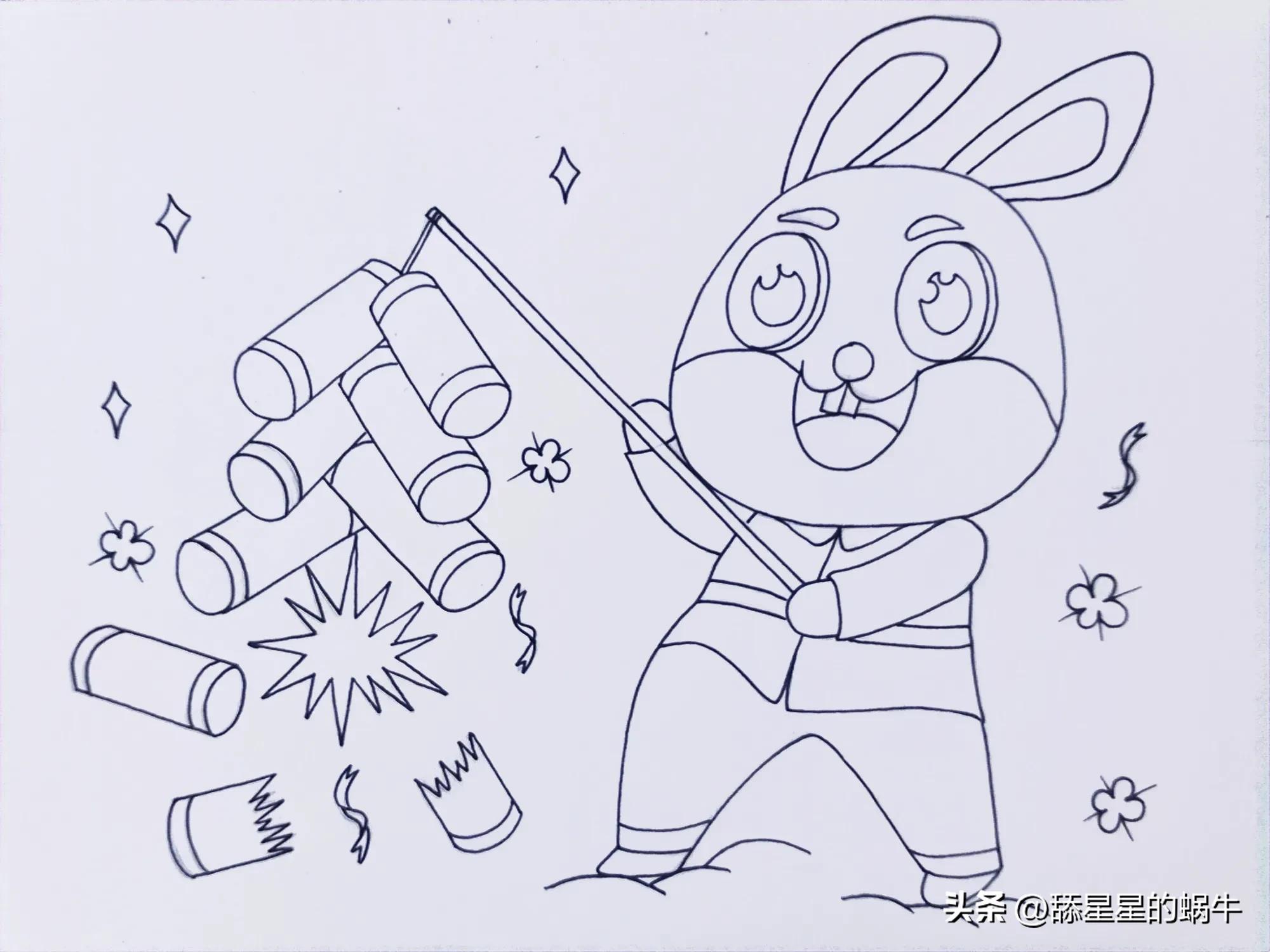 黑白线描画兔年大吉图文版,兔年主题画线稿怎么画