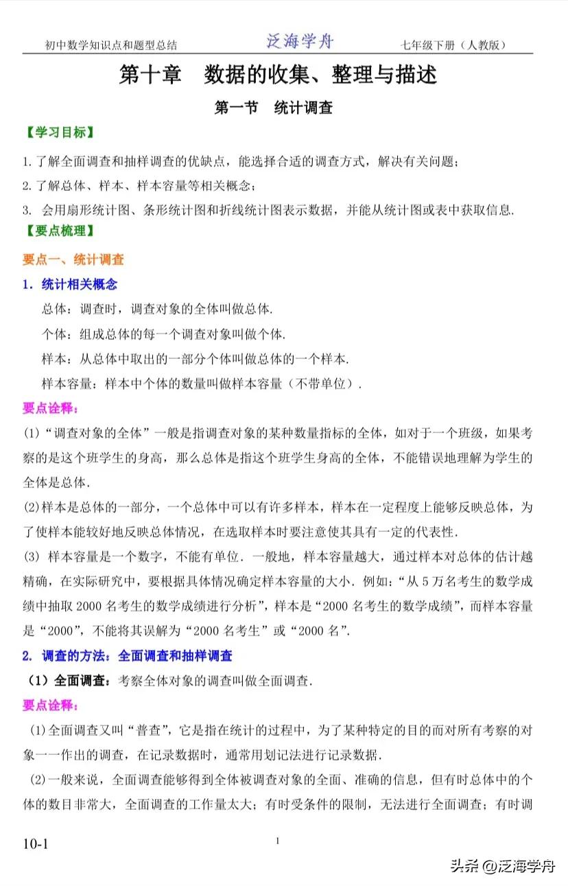 初一下册数学知识点整理人教版,七年级数学数据收集整理知识点