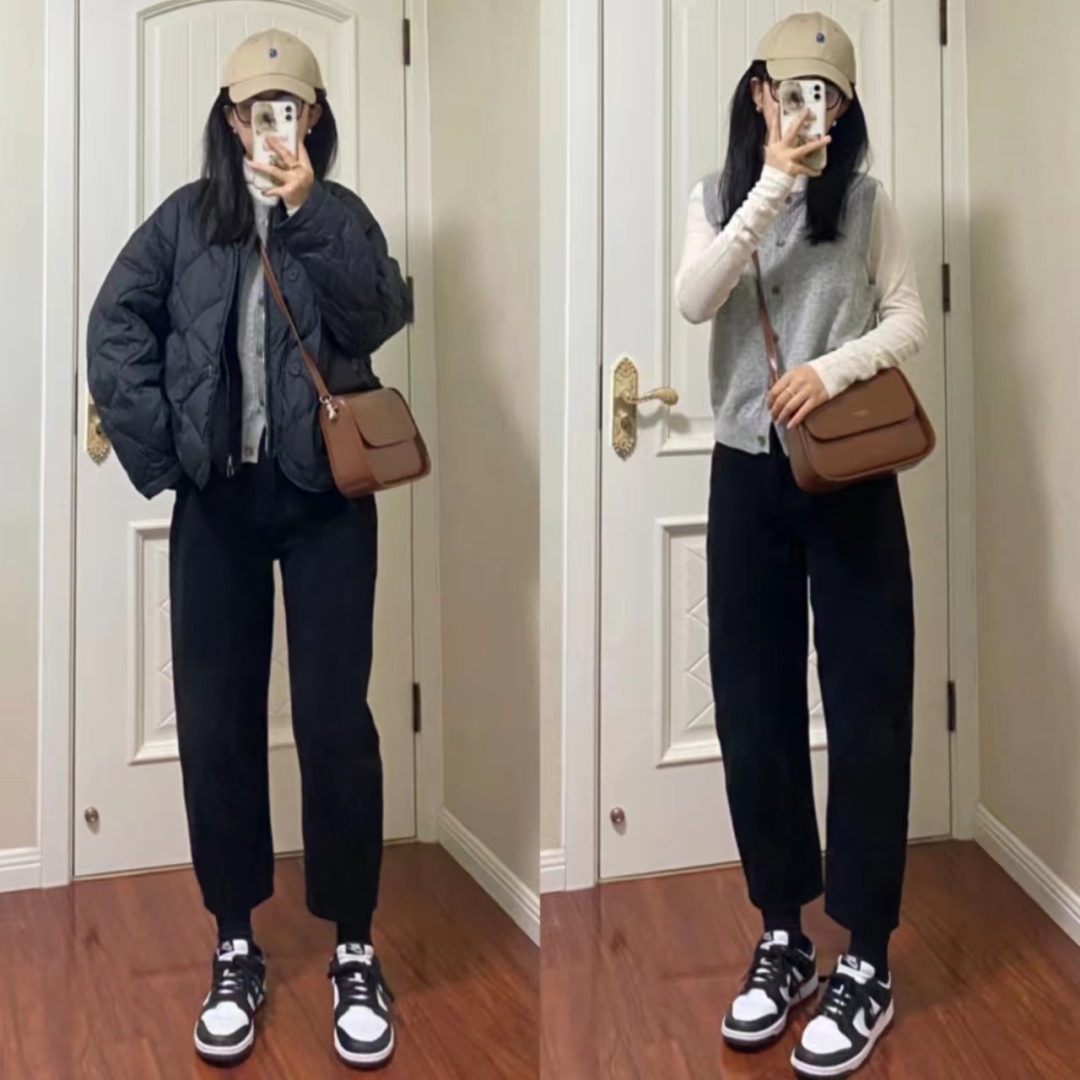 19冬羽绒服穿搭,韩款黑色羽绒服搭棕色长靴