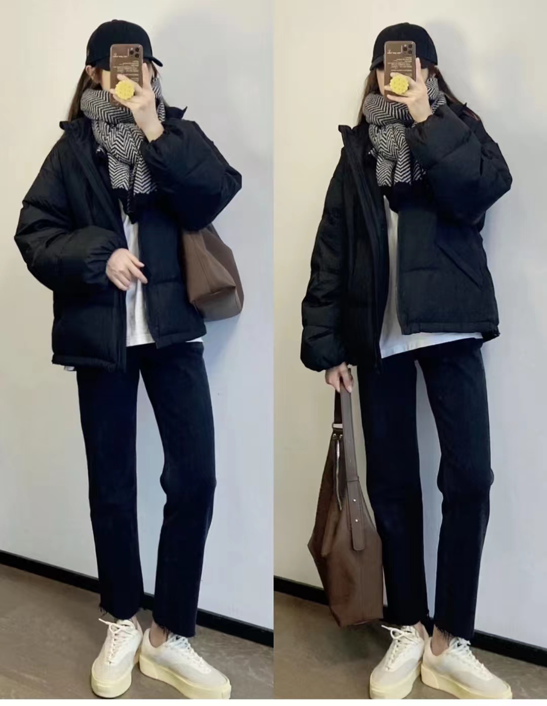 19冬羽绒服穿搭,韩款黑色羽绒服搭棕色长靴