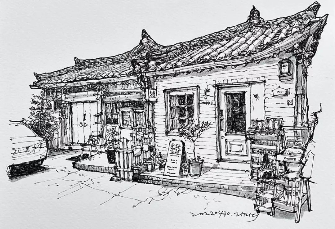 日本画家创作的铅笔街景速写,韩国速写大师