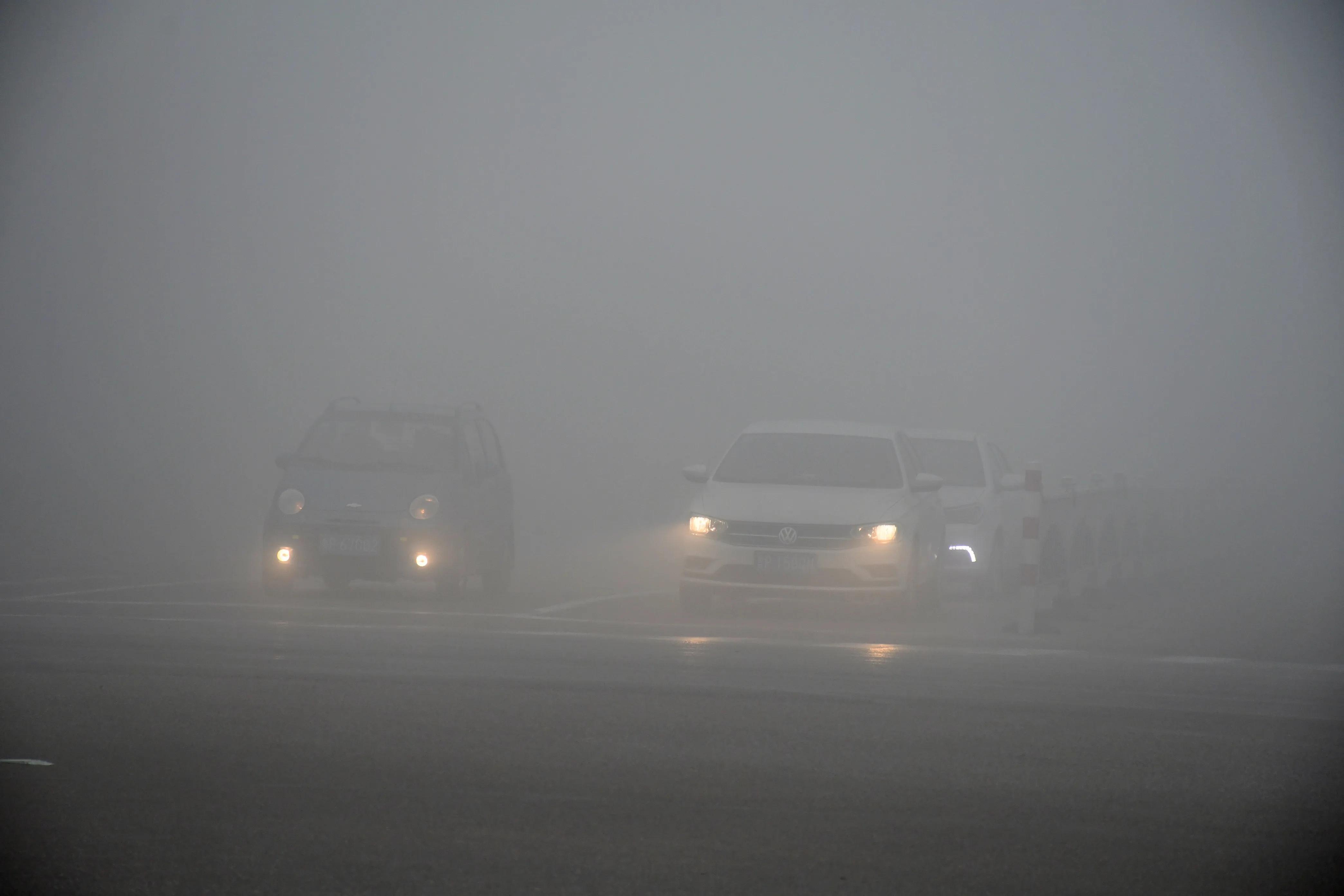 山东茌平：今晨大雾迷漫“鲁西小城路上行车都亮起了雾灯